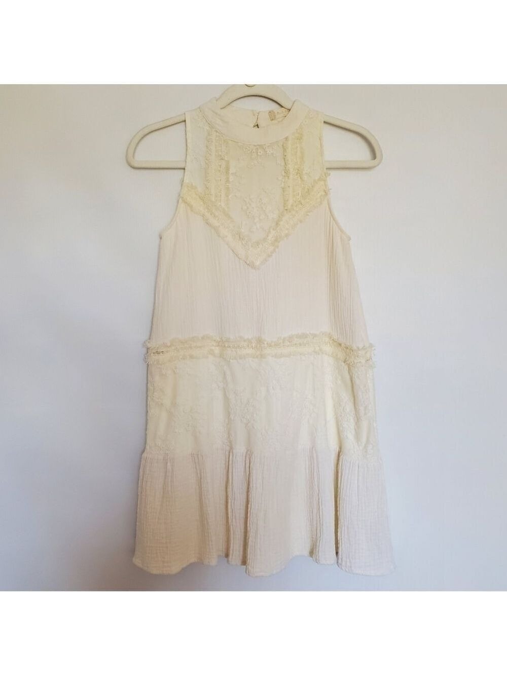 ALTAR'D STATE MINI HALTER DRESS CREAM GAUZE EMBROIDERED FLORAL WOMENS X-SMALL